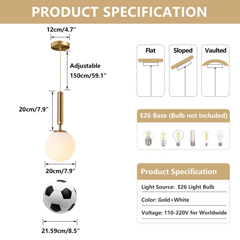 KCO Lighting Modern Globe Pendant Lights Kitchen Island Lighting White and Gold Pendant Light Single Pendant Lighting Frosted Glass Hanging Light Brass Vintage Ceiling Light Fixture - Image 2
